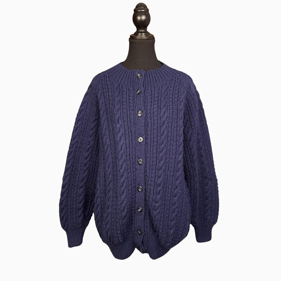 Vintage Handknit Chunky Cable Knit Cardigan Fisherman Sweater Scandi - Picture 1 of 7